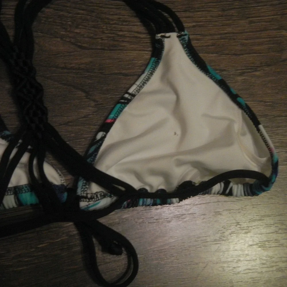 PINK Triangle Bikini Top Braided Straps Blue Marble Print Swimwear - Picture 5 of 5